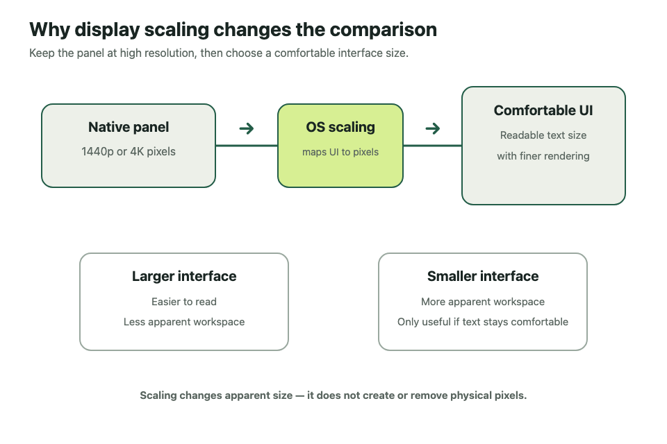 Diagram showing native panel resolution passing through operating-system scaling to create either larger readable interface elements or more apparent workspace.