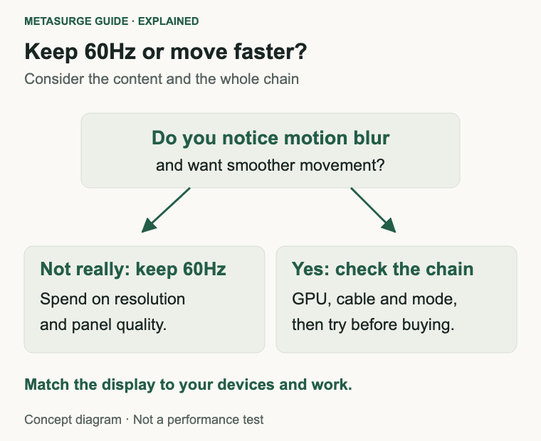 Decision diagram for keeping a 60Hz display or checking the whole chain before buying a faster one.