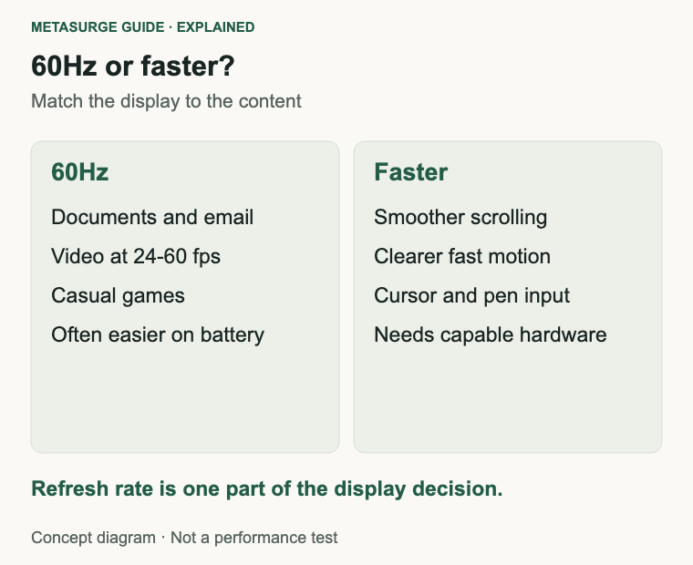 Comparison of 60Hz and faster displays for documents, video, motion clarity and hardware needs.