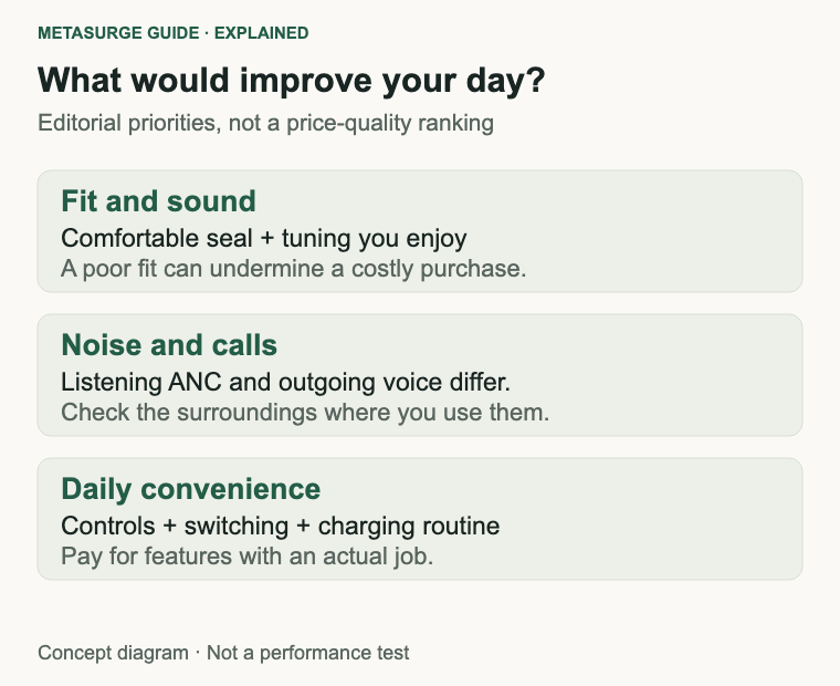 Three listening priorities: fit and sound, noise and calls, and everyday connection features.