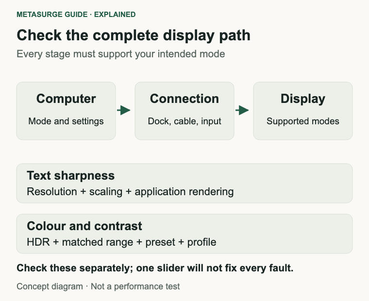 Computer settings, the connection and the display must support the intended mode; sharpness and colour checks are separate.