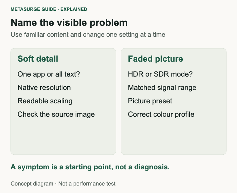 Soft text and faded colour are different symptoms with different starting checks.