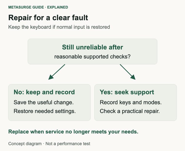Keep the keyboard when checks resolve the fault; otherwise document repeatable behaviour and compare supported repair with replacement.
