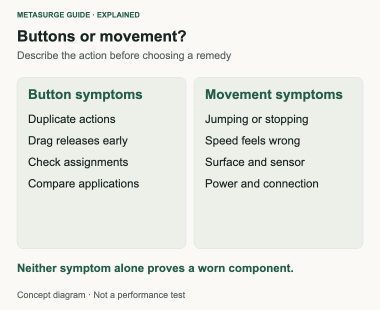 Duplicate actions and unexpected drag release are button symptoms; jumping, stopping and pointer speed concern movement.