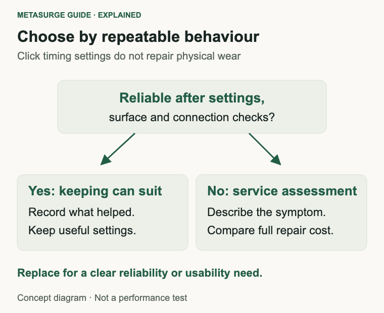 Keep a mouse if settings or connection changes restore reliability, or seek service for a repeatable unresolved fault.
