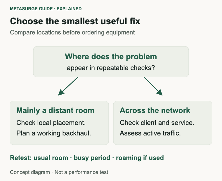 Investigate local path differences versus poor performance across locations, then repeat normal household tasks.