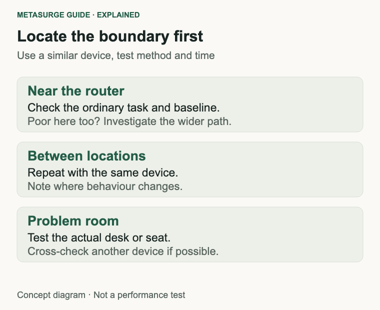Compare the same device near the router, between rooms and at the problem location, with a capable wired baseline where practical.