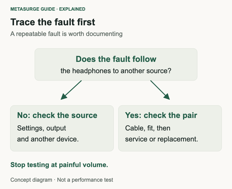 Decision diagram for returning to settings or the source, or seeking service when a fault follows the headphones.