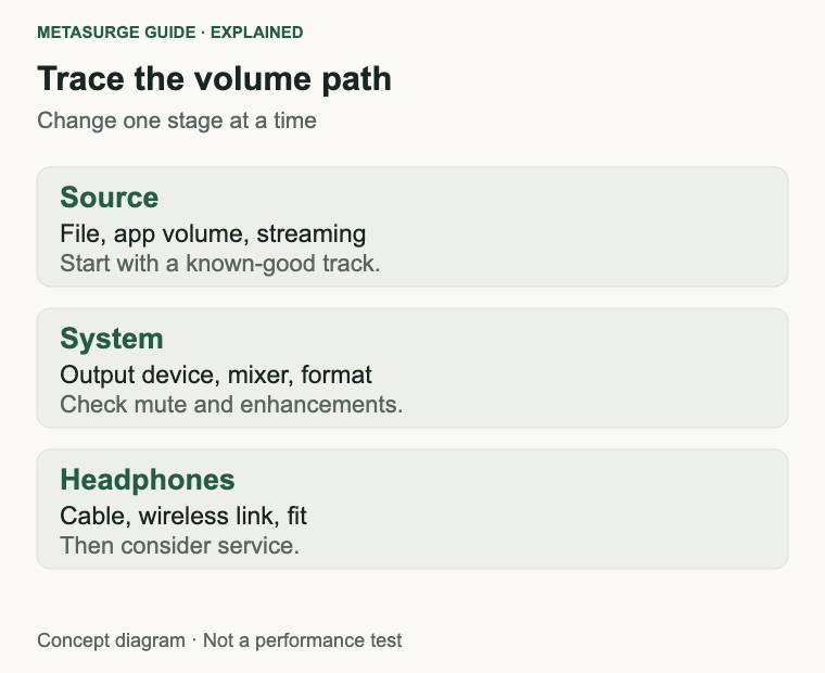 Three-stage diagram of source, system output and headphone checks for quiet or distorted sound.
