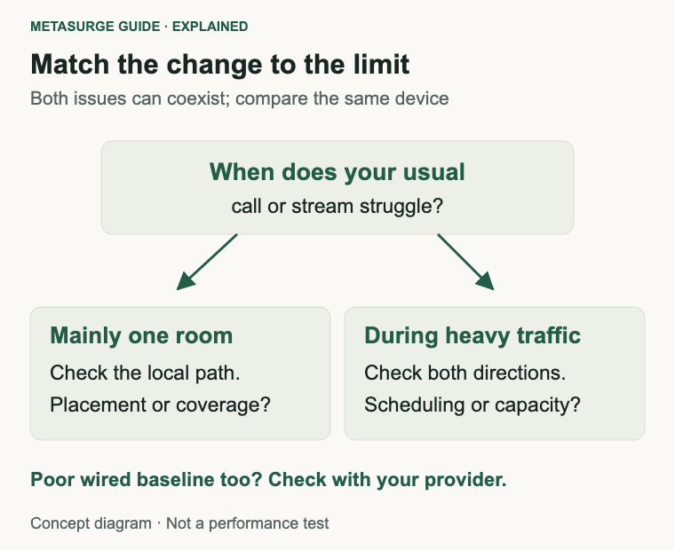 Investigate the local path if one room is poor, and simultaneous traffic if problems appear under load; both issues can coexist.