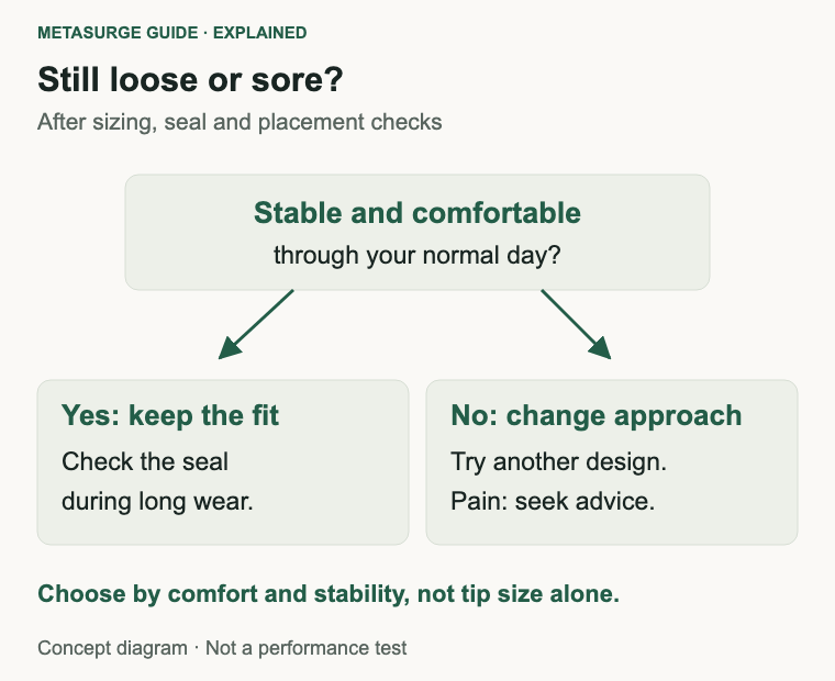 Decision diagram for keeping a stable tip, trying a different design, or seeking advice for persistent pain.