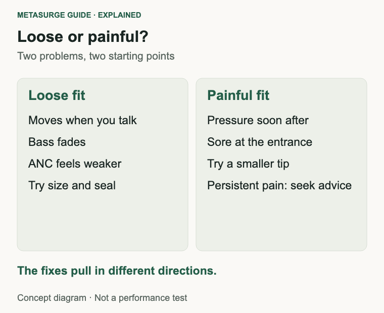 Comparison of a loose in-ear fit and a painful one, with different first checks for each.