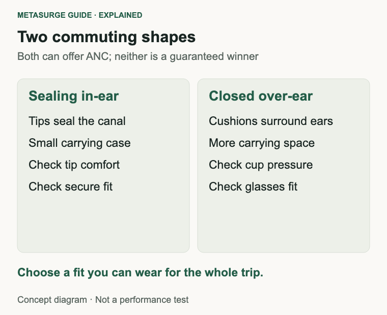 Sealing in-ear and closed-back over-ear designs compared for carry and fit.