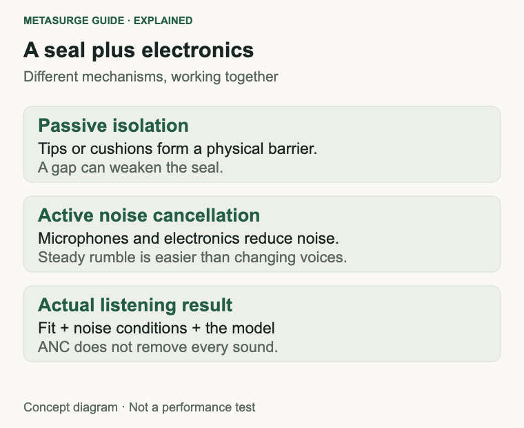 Passive isolation forms a physical seal, ANC reduces noise electronically, and actual results depend on fit and model.