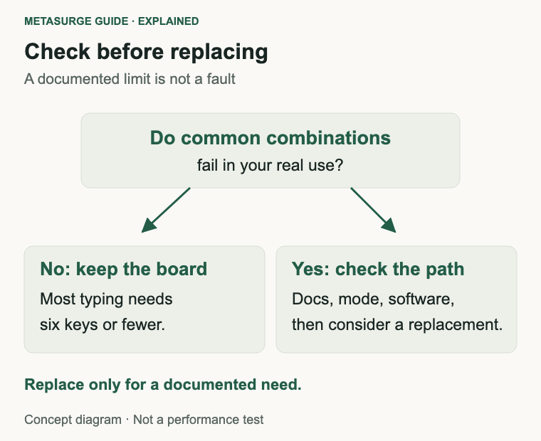 Decision diagram for keeping a keyboard when combinations work, or checking documentation, mode and software before replacing it.