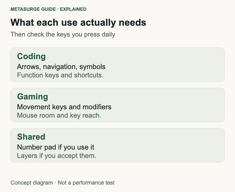 Rows comparing coding, gaming and shared keyboard needs such as arrows, shortcuts and the number pad.