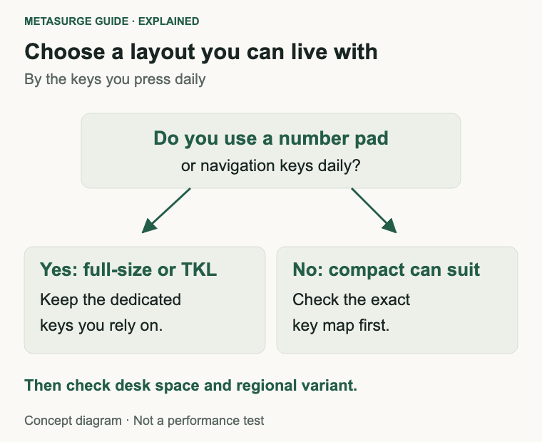 Decision diagram for choosing full-size or tenkeyless when a number pad or navigation keys are used daily, or a compact board when they are not.