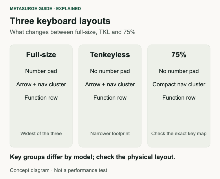 Three-column comparison of full-size, tenkeyless and 75% keyboard layouts and their key groups.