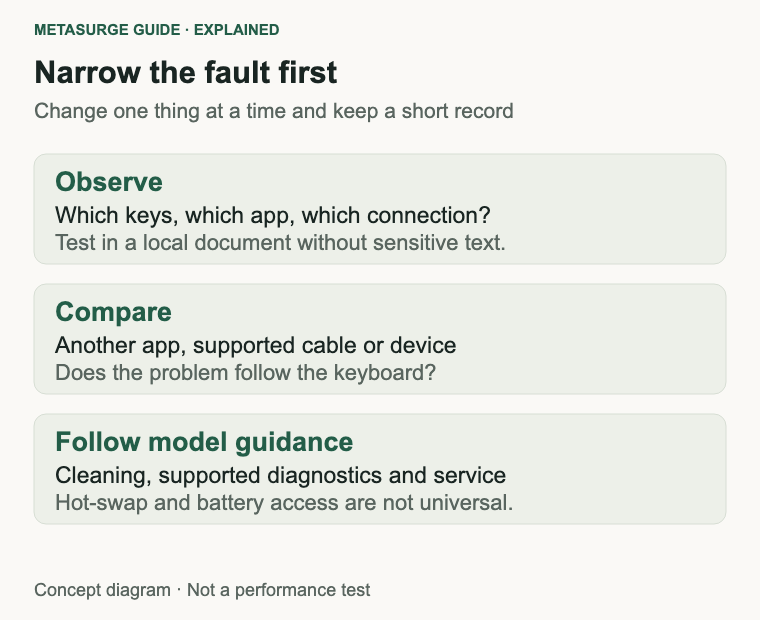 Check the symptom in a local document, compare applications and connections, then follow exact-model cleaning and support guidance.