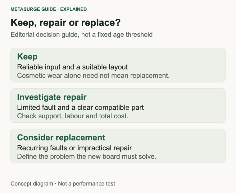 Keep a reliable suitable keyboard, investigate a limited repair, or replace when repair no longer meets your needs.