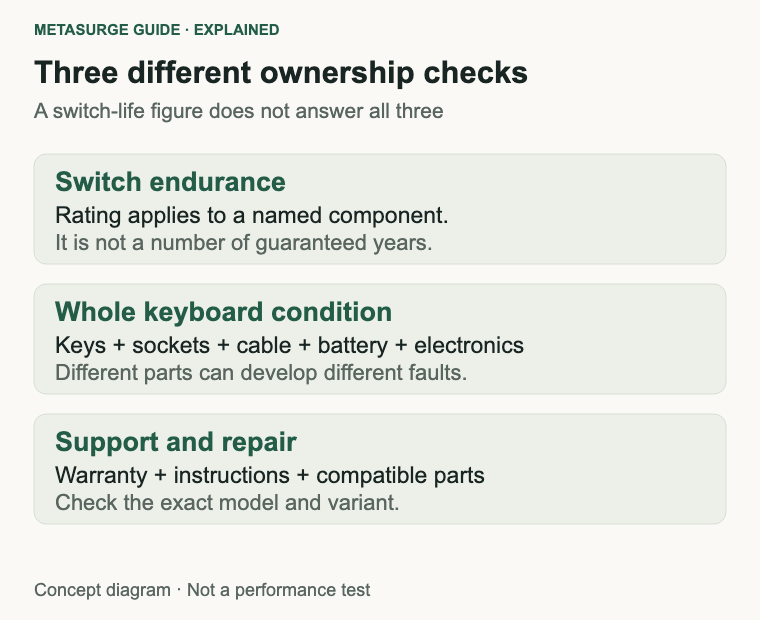 Switch endurance, complete keyboard condition and manufacturer support are separate checks.