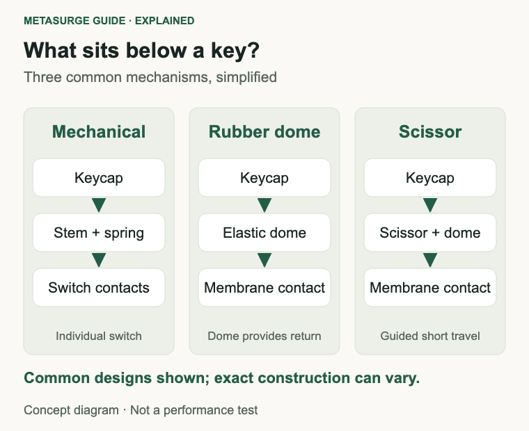 Simplified layers beneath mechanical, rubber-dome and scissor keys.
