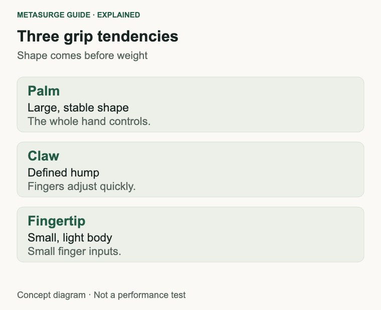 Rows describing palm, claw and fingertip grip tendencies and the mouse shapes they often suit.