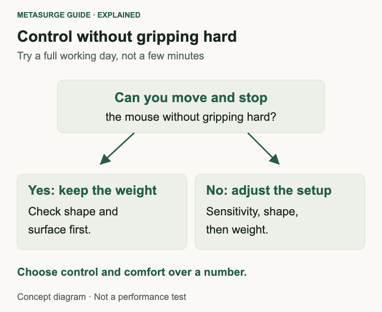 Decision diagram for keeping a mouse weight when control is comfortable, or adjusting shape, sensitivity and weight.