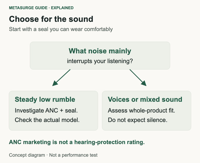 Noise-control decision guide contrasting steady rumble with voices or a quiet desk, both starting with a comfortable seal.