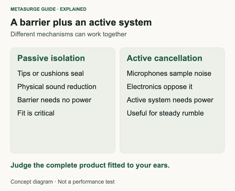 Passive isolation forms a physical barrier; active cancellation adds an electronic opposing signal and requires power.