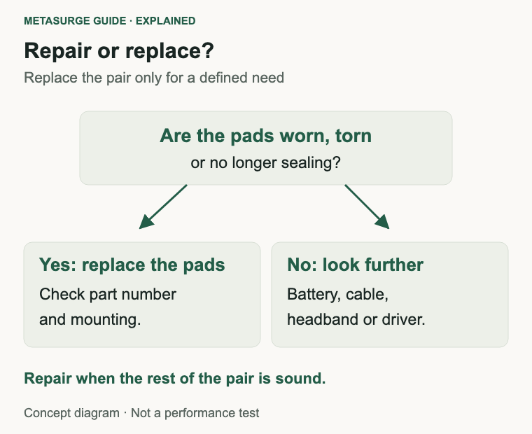 Decision diagram for replacing worn pads or looking at battery, cable, headband and driver faults instead.