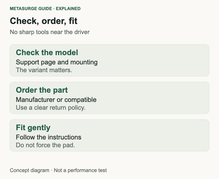 Three-step diagram for checking the model, ordering the correct part and fitting pads gently.