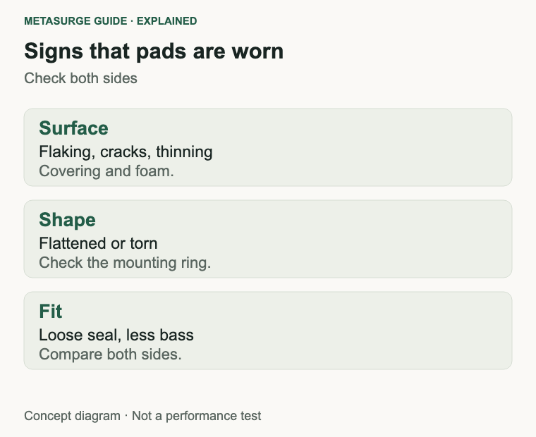 Rows describing worn earpad signs on the surface, shape and fit of the pads.