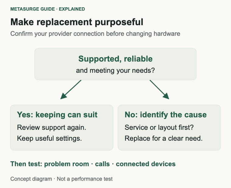 Keep supported suitable equipment, or investigate replacement after support, fault and requirements checks.
