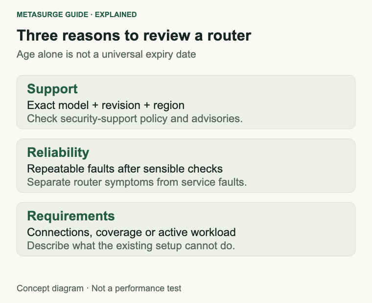 Router replacement can be justified by ended support, a persistent diagnosed fault or an unmet requirement.