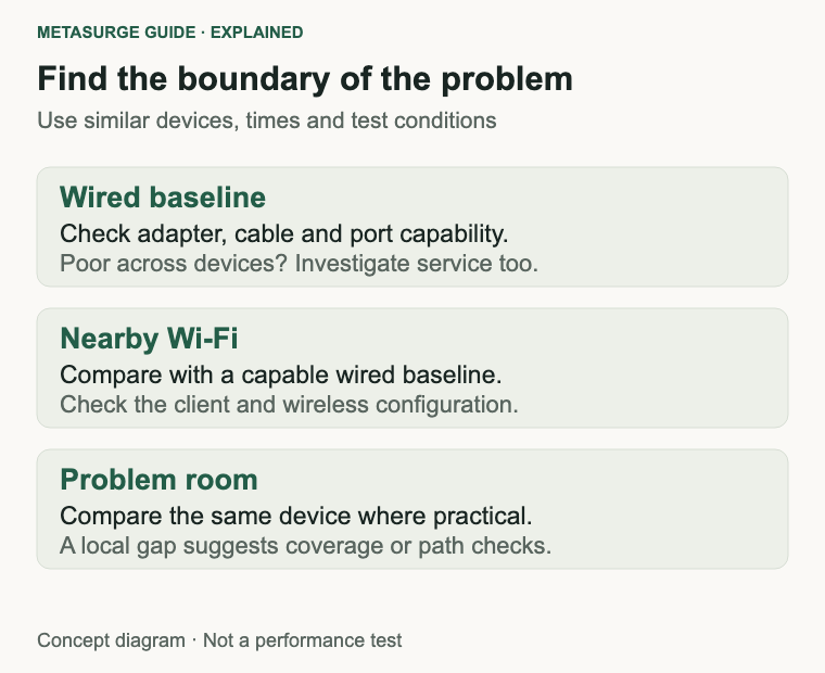 Compare wired, nearby wireless and the problem room using a capable device to separate service and local-path questions.