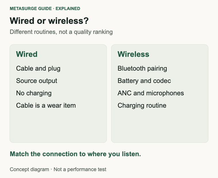 Comparison of wired and wireless headphone requirements, including output, charging and features.