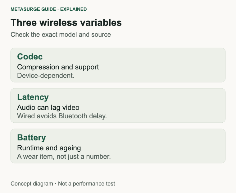 Rows explaining codec support, latency and battery ownership for wireless headphones.